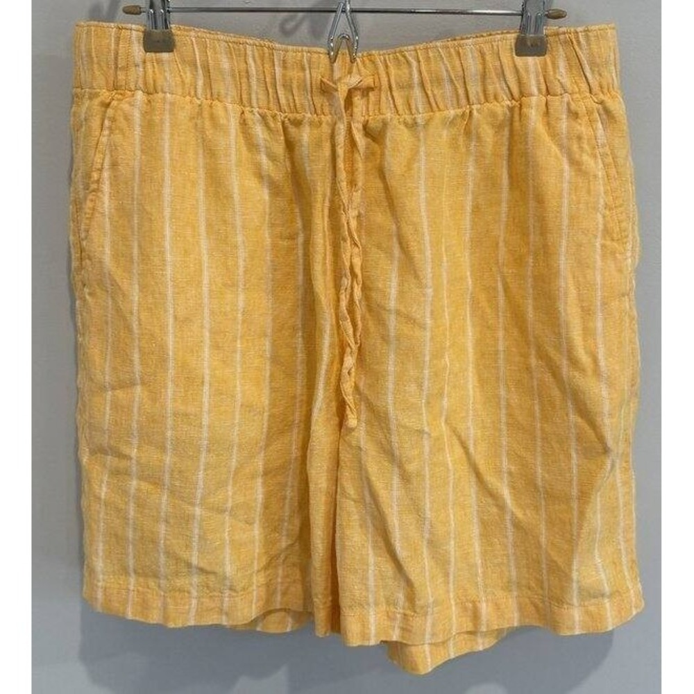 Lands End High Rise Drawstring Shorts 100% Linen Melon Stripe Size L 14 16